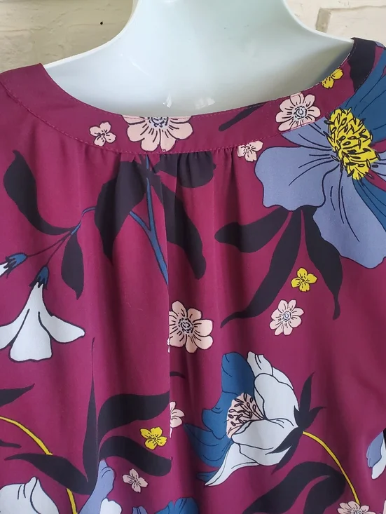 Loft Ann Taylor Flowy Tunic Blouse Long Sleeves Floral Plum Mulberry Wine Med - Picture 13 of 14